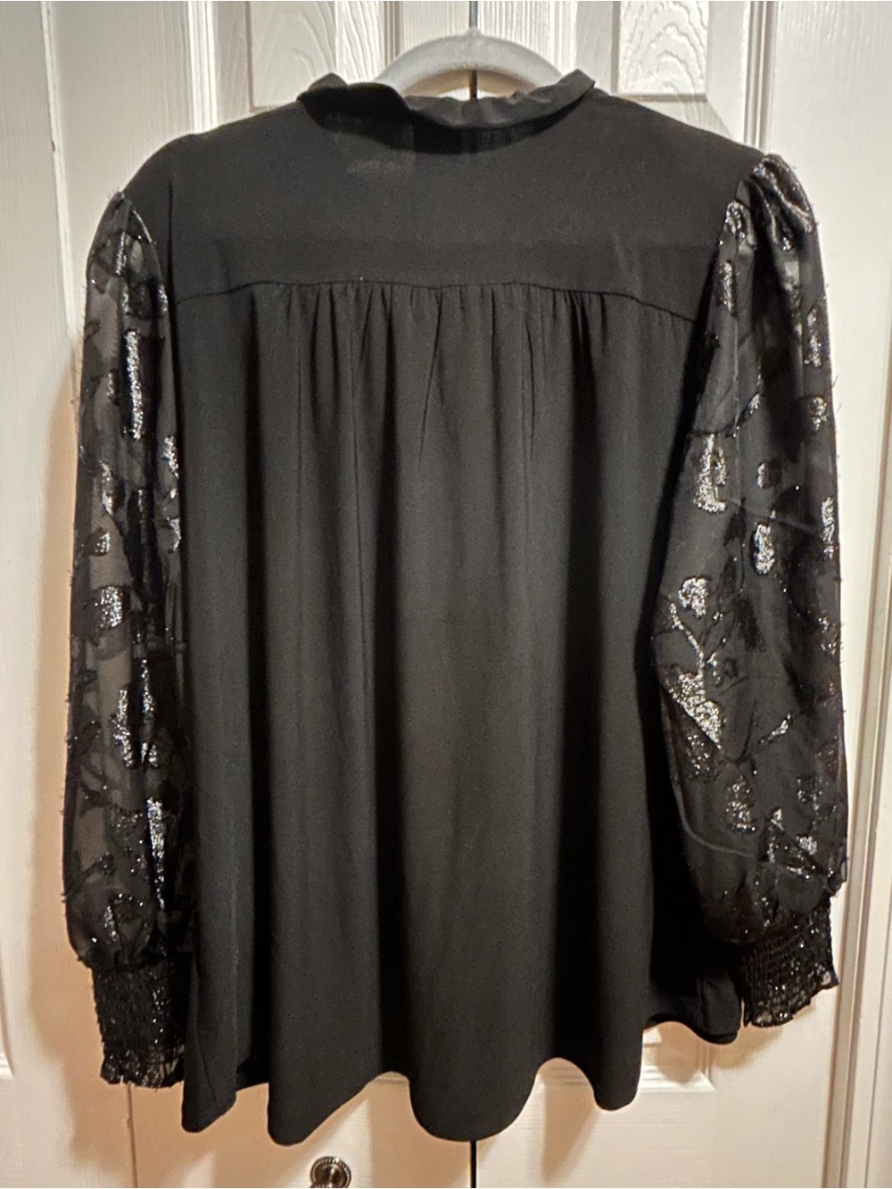 Anne Klein Black Sheer Floral-Sleeve Tie-Neck Blouse - Picture 5 of 5